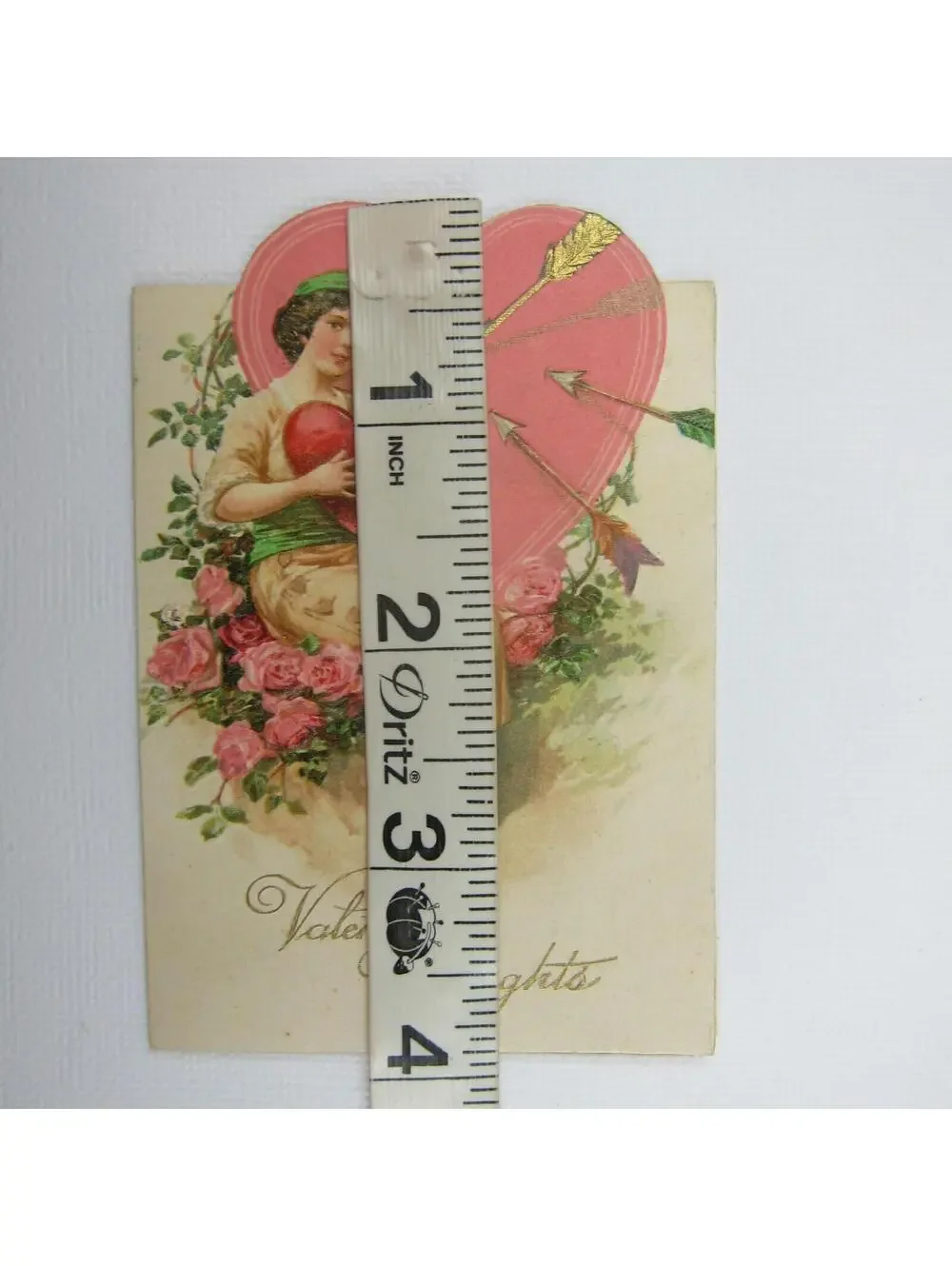 Vintage Valentine 1920s Girl Pink Heart Target Gold Arrows Pink Roses Red Heart